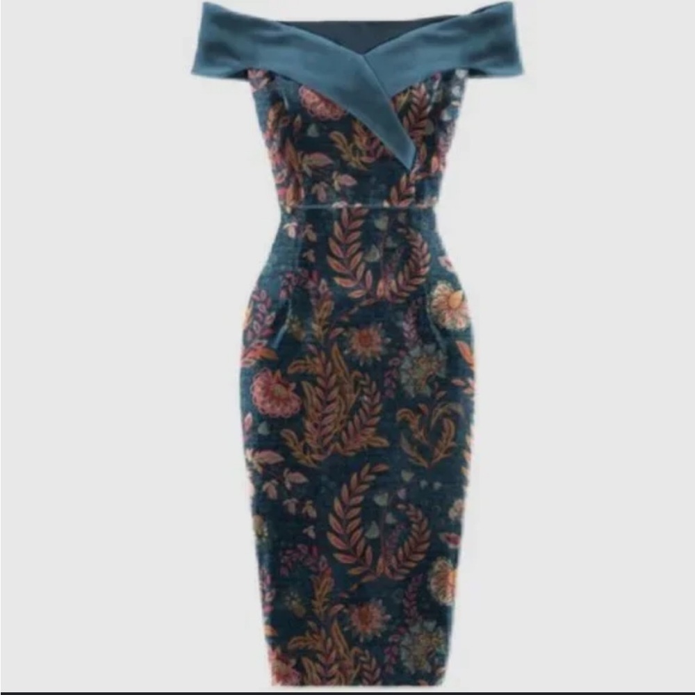 Averie Halley Off the Shoulder Cobalt Blue Velvet Floral Print Midi Dress NWT 3X